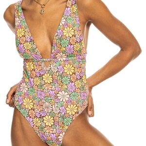 Roxy Pink and Yellow Floral One Piece Swimsuit NWT